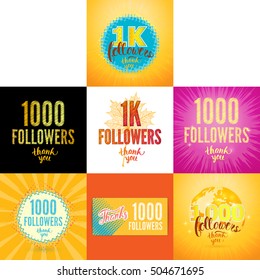 Set of Vector Thank you 1000 followers cards. Thanks design template for network friends and followers. Image for Social Networks. Web user celebrates subscribers and followers. One thousand followers