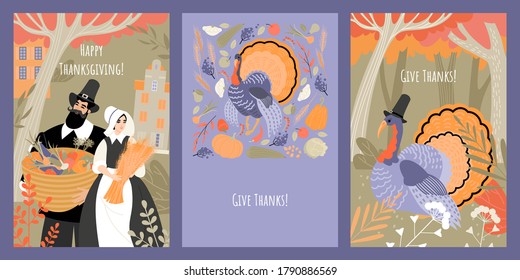 Set of vector thanksgiving cards with people in pilgrim costumes and turkey on the background of the autumn forest, fruits and vegetables. Images in flat style