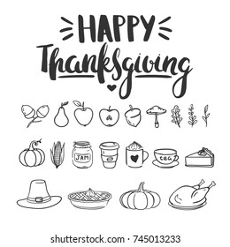 Set of vector Thanksgiving doodles isolated on white. Vector illustration with hand drawn doodles: turkey, pie, pumpkin, tea, coffee, apple, pear, jam, corn, mushroom, leaves, etc. 