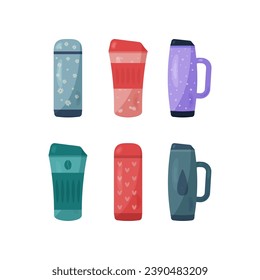 Conjunto de termosis vectoriales y abrazos térmicos en estilo de dibujos animados. Turquesa, roja, rosa, azul, azul oscuro, lila. Para paseos, deportes, viajes. Colección en un fondo blanco.