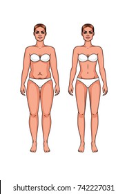 Set of a vector thick woman and thin woman. Female transformation of the body. Girl before and after losing weight.