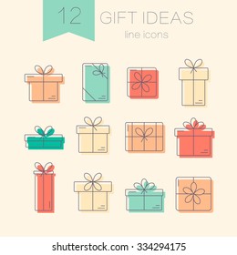 Set of vector thin line color icons of gift boxes. Concept for gift wrapping, cards, celebrations logo.