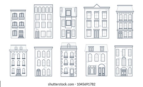 Set of vector thin line icon traditional old europe house. Classic historic european townhouse buildings in lineart. Outline sca