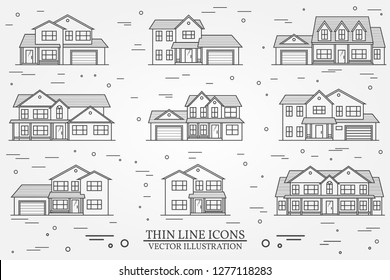 Set of vector thin line icon suburban american houses. For web design and application interface, also useful for infographics. Vector dark grey. Vector illustration.