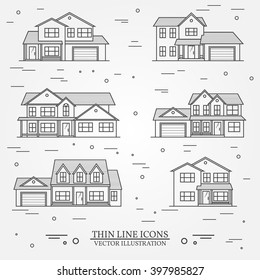 Set of vector thin line icon  suburban american houses. For web design and application interface, also useful for infographics. Vector dark grey. Vector illustration.