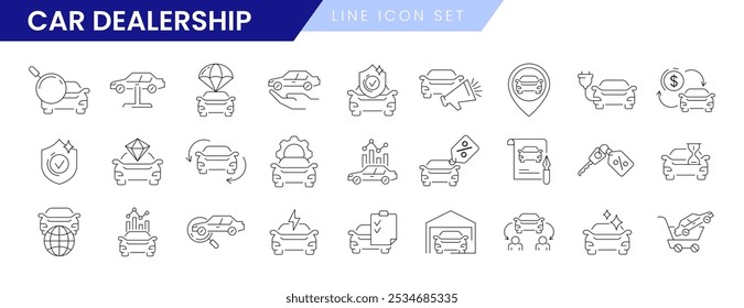 Conjunto de iconos de línea delgada de Vector de concesionario de automóviles. Concesionario de venta de automóviles, industria automotriz o símbolos lineales del centro de comercio de vehículos. Servicio de alquiler, taller de reparación, Acuerdo de compra, seguro de transporte