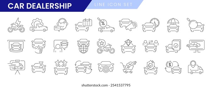 Conjunto de iconos de línea delgada de Vector de concesionario de automóviles. Concesionario de venta de automóviles, industria automotriz o símbolos lineales del centro de comercio de vehículos. Servicio de alquiler, taller de reparación, Acuerdo de compra, seguro de transporte