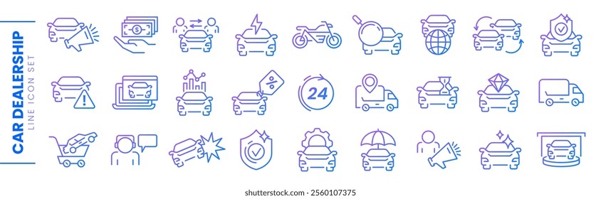 Set of vector thin line icons of car dealer. Auto sale dealership, automotive industry or vehicle trade center linear symbols. Rental service, repair shop, purchase agreement, transportation insurance