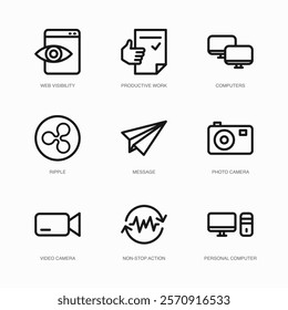 Set of Vector Thin Line Icons for Photo Camera, Video Camera, Non-stop Action and more. Collection of 9 Business UI Outline Editable Symbols.