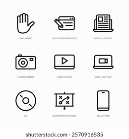 Set of Vector Thin Line Icons for Digital Content, Photo Camera, Video Player and more. Collection of 9 Business UI Outline Editable Symbols.