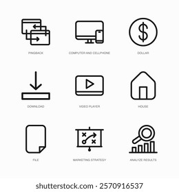 Set of Vector Thin Line Icons for Video Player, House, File and more. Collection of 9 Business UI Outline Editable Symbols.