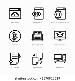 Set of Vector Thin Line Icons for Digital Content, Online Knowledge, Good Work and more. Collection of 9 Business UI Outline Editable Symbols.