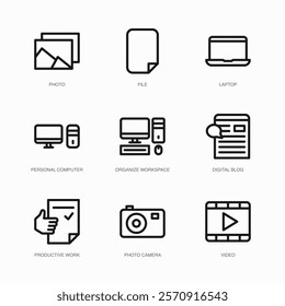 Set of Vector Thin Line Icons for Photo Camera, Video, Photo and more. Collection of 9 Business UI Outline Editable Symbols.