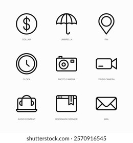 Set of Vector Thin Line Icons for Photo Camera, Video Camera, Audio Content and more. Collection of 9 Business UI Outline Editable Symbols.