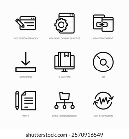 Set of Vector Thin Line Icons for E-material, Cd, Write and more. Collection of 9 Business UI Outline Editable Symbols.