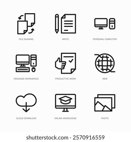 Set of Vector Thin Line Icons for Online Knowledge, Photo, File Sharing and more. Collection of 9 Business UI Outline Editable Symbols.