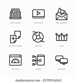 Set of Vector Thin Line Icons for Digital Content, Video Player, Email Marketing and more. Collection of 9 Business UI Outline Editable Symbols.