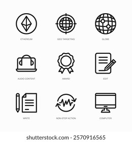 Set of Vector Thin Line Icons for Audio Content, Award, Edit and more. Collection of 9 Business UI Outline Editable Symbols.