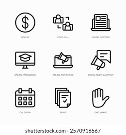 Set of Vector Thin Line Icons for Video Call, Digital Content, Online Knowledge and more. Collection of 9 Business UI Outline Editable Symbols.