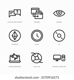 Set of Vector Thin Line Icons for Cd, Online Awareness, Analytics and more. Collection of 9 Business UI Outline Editable Symbols.