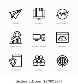 Set of Vector Thin Line Icons for E-material, Non-stop Action, Analyze Results and more. Collection of 9 Business UI Outline Editable Symbols.