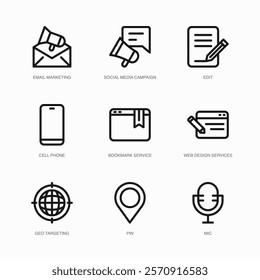 Set of Vector Thin Line Icons for Mic, Email Marketing, Social Media Campaign and more. Collection of 9 Business UI Outline Editable Symbols.