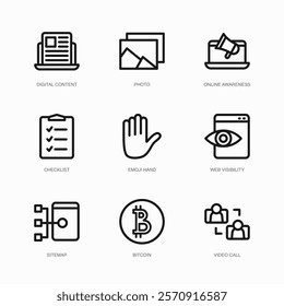 Set of Vector Thin Line Icons for Video Call, Digital Content, Photo and more. Collection of 9 Business UI Outline Editable Symbols.