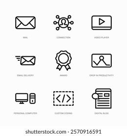 Set of Vector Thin Line Icons for Connection, Video Player, Email Delivery and more. Collection of 9 Business UI Outline Editable Symbols.