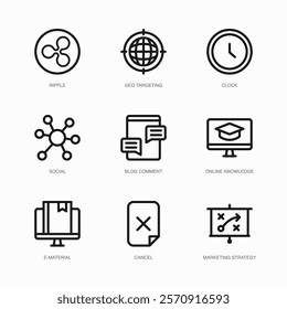 Set of Vector Thin Line Icons for Social, Blog Comment, Online Knowledge and more. Collection of 9 Business UI Outline Editable Symbols.