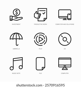 Set of Vector Thin Line Icons for Play, Cd, Music Note and more. Collection of 9 Business UI Outline Editable Symbols.