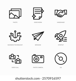 Set of Vector Thin Line Icons for Video Call, Photo Camera, Cd and more. Collection of 9 Business UI Outline Editable Symbols.