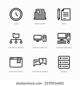 Set of Vector Thin Line Icons for Digital Content, Write, Directory Submission and more. Collection of 9 Business UI Outline Editable Symbols.