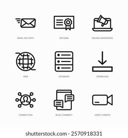 Set of Vector Thin Line Icons for Connection, Blog Comment, Video Camera and more. Collection of 9 Business UI Outline Editable Symbols.