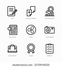 Set of Vector Thin Line Icons for Photo Camera, Audio Content, Award and more. Collection of 9 Business UI Outline Editable Symbols.