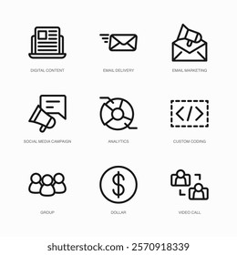 Set of Vector Thin Line Icons for Video Call, Digital Content, Email Delivery and more. Collection of 9 Business UI Outline Editable Symbols.