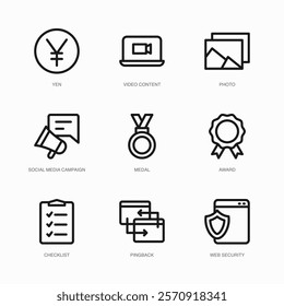 Set of Vector Thin Line Icons for Video Content, Photo, Social Media Campaign and more. Collection of 9 Business UI Outline Editable Symbols.