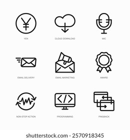 Set of Vector Thin Line Icons for Mic, Email Delivery, Email Marketing and more. Collection of 9 Business UI Outline Editable Symbols.