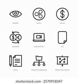 Set of Vector Thin Line Icons for Video Content, File, Write and more. Collection of 9 Business UI Outline Editable Symbols.