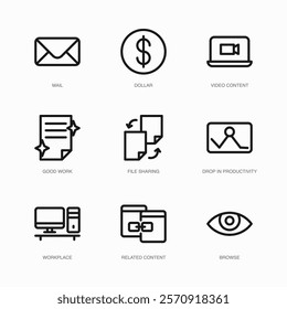 Set of Vector Thin Line Icons for Video Content, Good Work, File Sharing and more. Collection of 9 Business UI Outline Editable Symbols.