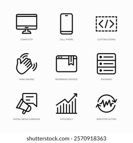 Set of Vector Thin Line Icons for Social Media Campaign, Efficiency, Non-stop Action and more. Collection of 9 Business UI Outline Editable Symbols.