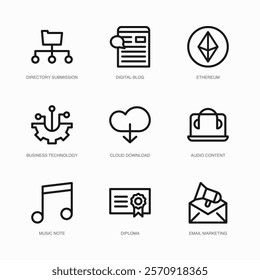 Set of Vector Thin Line Icons for Audio Content, Music Note, Diploma and more. Collection of 9 Business UI Outline Editable Symbols.