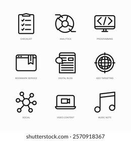 Set of Vector Thin Line Icons for Social, Video Content, Music Note and more. Collection of 9 Business UI Outline Editable Symbols.