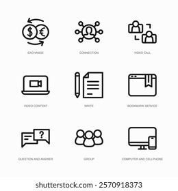 Set of Vector Thin Line Icons for Connection, Video Call, Video Content and more. Collection of 9 Business UI Outline Editable Symbols.