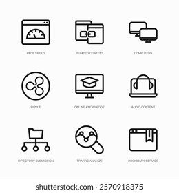 Set of Vector Thin Line Icons for Online Knowledge, Audio Content, Directory Submission and more. Collection of 9 Business UI Outline Editable Symbols.