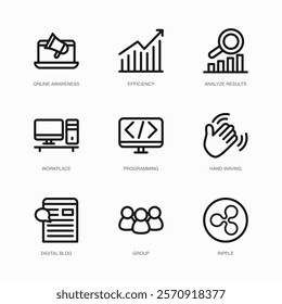 Set of Vector Thin Line Icons for Online Awareness, Efficiency, Analyze Results and more. Collection of 9 Business UI Outline Editable Symbols.