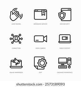 Set of Vector Thin Line Icons for Connection, Video Camera, Video Content and more. Collection of 9 Business UI Outline Editable Symbols.