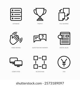 Set of Vector Thin Line Icons for Trophy, File Sharing, Hand Waving and more. Collection of 9 Business UI Outline Editable Symbols.