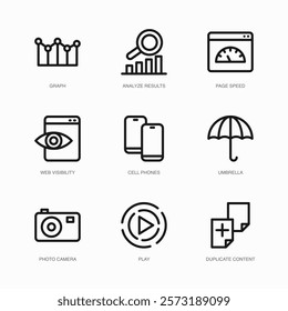 Set of Vector Thin Line Icons for Photo Camera, Play, Duplicate Content and more. Collection of 9 Business UI Outline Editable Symbols.