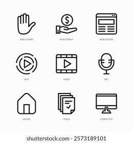 Set of Vector Thin Line Icons for Play, Video, Mic and more. Collection of 9 Business UI Outline Editable Symbols.