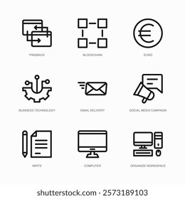 Set of Vector Thin Line Icons for Email Delivery, Social Media Campaign, Write and more. Collection of 9 Business UI Outline Editable Symbols.